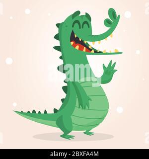 Cute cartoon crocodile. Vector  illustration of a green crocodile waving hands. Isolated on white Stock Vector