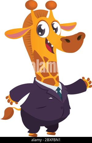 Cartoon brown giraffe dressed up in office suit presenting. Vector art illustration. Giraffe mascot businessman Stock Vector