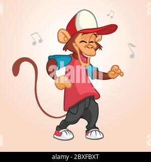 Cool monkey rapper character in modern clothes. Vector flat cartoon illustration. Chimpanzee dancing outlined Stock Vector