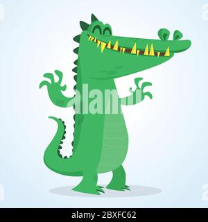 Cute cartoon crocodile. Vector  illustration of a green crocodile waving ahands. Isolated on white Stock Vector