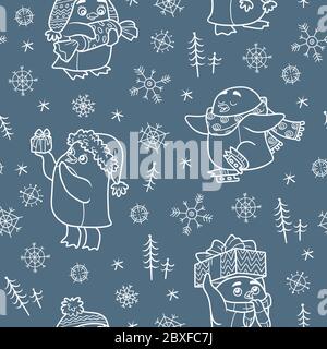 Vector seamless pattern with Christmas penguins on dark background Stock Vector