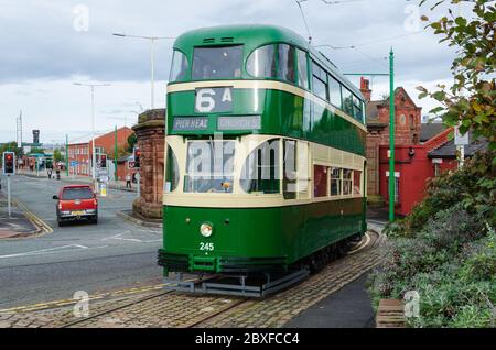 Birkenhead, UK: Oct 1, 2017: A tram carries passengers on the Heritage Tramway to the Woodside Ferry Terminal on the open day of Wirral Transport Muse Stock Photo