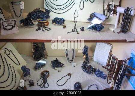 Swakopmund, Namibia - April 18, 2015: jewelry and gifts of precious stones in the gallery of crystals Stock Photo