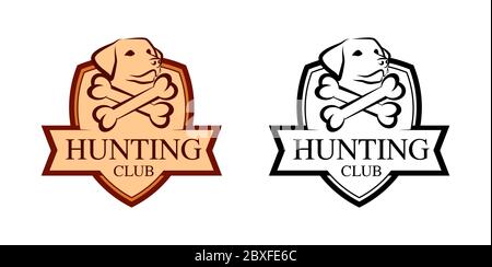 Hunting badge with dog head on shield. Vector blazon emblem with ribbon, caption isolated on white. Stock Vector