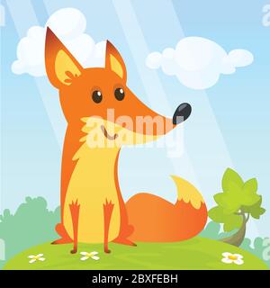 Cartoon funny  little fox sitting on a meadow background. Vector illustration isolated Stock Vector
