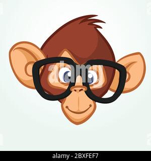 Happy cartoon monkey head wearing glasses. Vector icon of chimpanzee. Design for sticker, icon or emblem Stock Vector