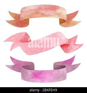 Watercolor colorful fabric tape isolated on white background, watercolor ribbons for romantic wedding design Stock Photo