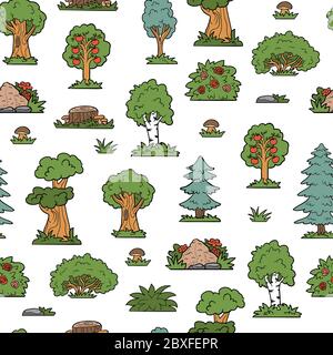 Vector seamless pattern, trees and bushes. Colorful forest Stock Vector