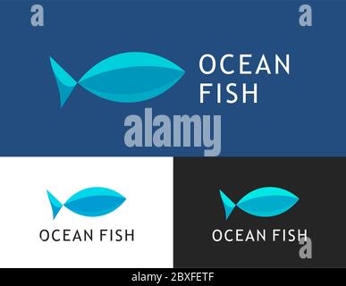 Ocean fish, Vector Logo for Fish market. Flat emblem illustration isolated on blue, white and black color Stock Vector