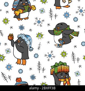 Vector seamless pattern with Christmas penguins on white background Stock Vector