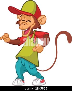 Cool monkey rapper character in modern clothes. Vector flat cartoon illustration outlined. Chimpanzee dancing Stock Vector