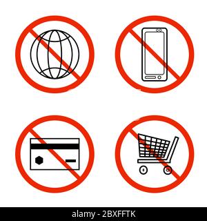 Set of prohibition forbidden red signs isolated on white background. No connection internet. No mobile phone. No credit card payment. No online shoppi Stock Vector