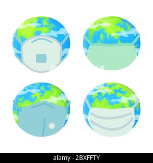 Planet earth wearing protective face mask set. Environmental pollution, fine dust, air pollution, industrial smog, covid-19 pandemic, lockdown, health Stock Vector