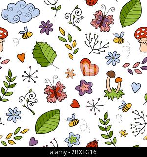 Vector seamless pattern with items of nature on white background Stock Vector