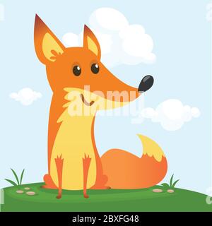 Cartoon happy fox sitting on a meadow in summer season background with flower and mushrooms. Vector illustration isolated Stock Vector