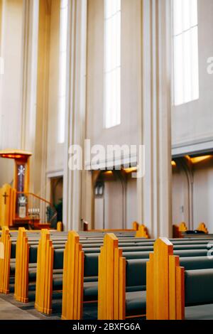 The interior is inside The Church of Hadlgrimskirkya, a Lutheran church in Reykjavik, the capital of Iceland. Stock Photo