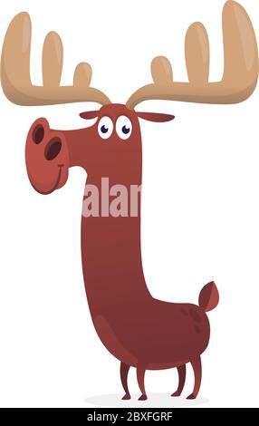 Cartoon moose character with big horns. Vector illustration isolated. Poster design of sticker Stock Vector