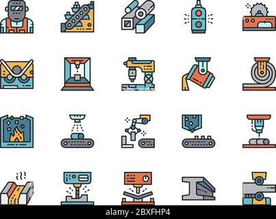 Set of Metallurgy Industry Color Line Icons. Conveyor, Metallurgist and more. Stock Vector