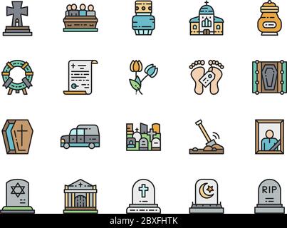 Set of Funeral Color Line Icons. Church, Crypt, Tomb House, Coffin and more. Stock Vector