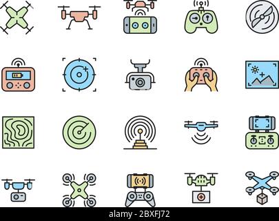 Set of Drone Color Line Icons. Remote Controller, Propeller, Camera and more. Stock Vector