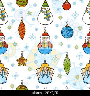 Vector color seamless pattern, set of Christmas tree toys on white background Stock Vector