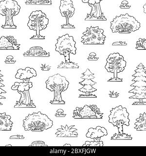 Vector seamless pattern, trees and bushes. Colorless forest Stock Vector