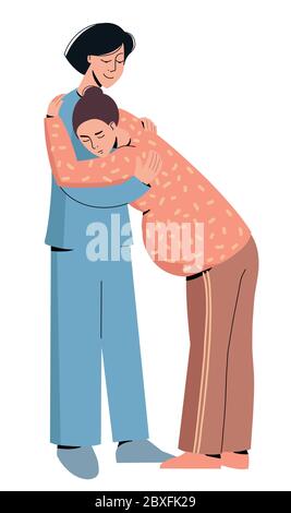Doula support instead partner pregnant woman. help physical and emotional labour and birth to go smoothly. Monohrome vector flat style illustration Stock Vector