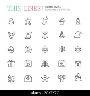 Collection of christmas and new year related icons. Editable stroke Stock Vector