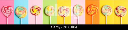 Collage with different lollipops on color backgrounds Stock Photo