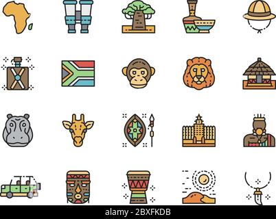 Set of Africa Flat Color Line Icons. Tooth Pendant, Binoculars, Animals and more Stock Vector