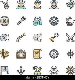 Set of Pirates Flat Color Line Icons. Sailor, Boatswain, Captain, Ship and more. Stock Vector