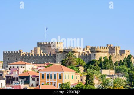 Palace of the Grand Masters over views of old Rhodes Town, Rhodes Island, Greece Stock Photo