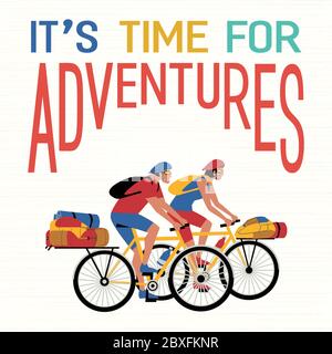 Time for adventure flat vector. Cute comic minimalist cartoon. Colorful humor retro style illustration. Bicycling family travel journey concept. Stock Vector