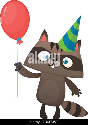 Funny cartoon raccoon holding red balloon wearing birthday party hat. Vector illustration for birthday postcard. Design for print or postcard Stock Vector