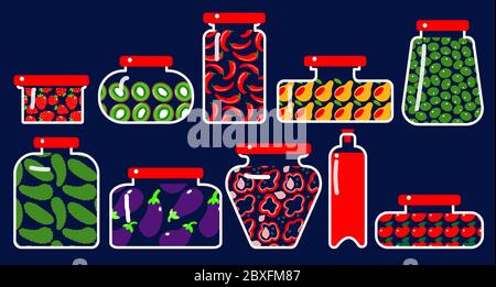 homemade blanks strawberries, chili peppers, pears, kiwis, cucumbers, eggplant, juice, apples. pepper, onion and olives fruits and vegetables in jars background vector illustration  Stock Vector
