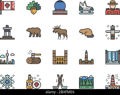 Set of Canadian Culture Color Line Icons. Sports Equipment, Police, Elk and more Stock Vector