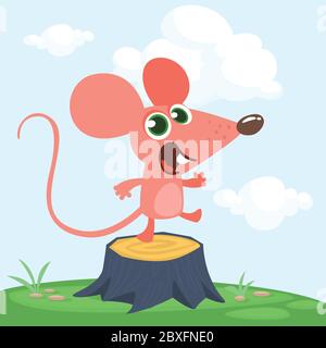 Happy cartoon pink mouse dancing on a tree stump in th meadow. Vector illustration isolated Stock Vector