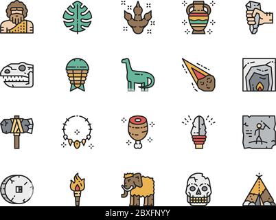Set of Prehistoric Age Color Line Icons. Dinosaur, Meteorite, Mammoth and more. Stock Vector