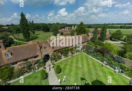Tourists walking in the garden at Sissinghurst Castle in Cranbrook in the United Kingdom, aerial view Stock Photo