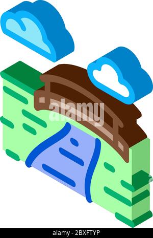 flowing river among coniferous forests isometric icon vector illustration Stock Vector