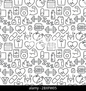 Seamless pattern with sports and fitness icons. Stock Vector