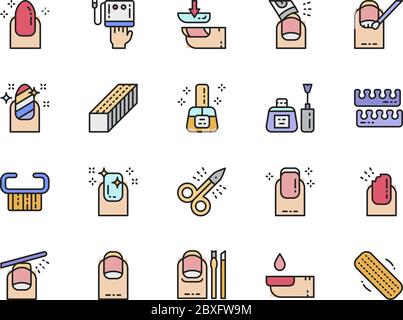 Set of Nail Salon Color Line Icons. Scissors, Extended Nails, Pedicure and more. Stock Vector
