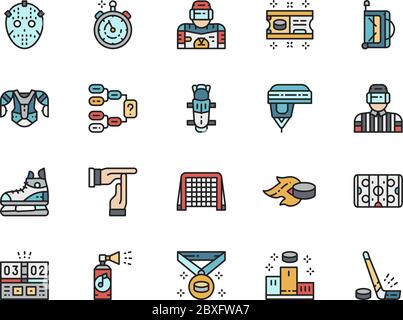 Set of Hockey Color Line Icons. Puck, Stopwatch, Goalkeeper, Ticket and more. Stock Vector