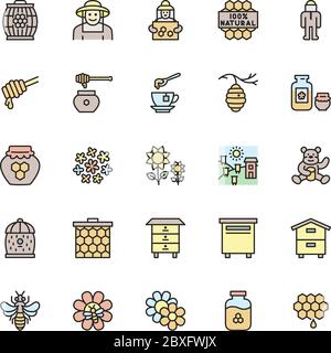 Set of Honey Flat Color Line Icons. Beekeeper, Apiary, Beehive and more. Stock Vector