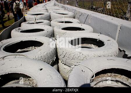 Tyre wall with tyres painted grey at the Barcelona Grand Prix 2017 Montmelo circuit Circuit de Catalunya-Barcelona Catalonia Spain Stock Photo