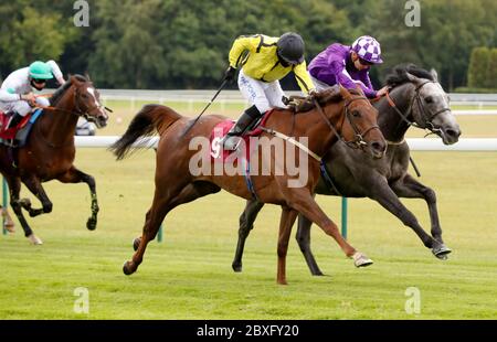 Walkonby and Silvestre De Sousa (yellow) winning The Heed Your Hunch At Betway Handicap (div I) from Kipps at Haydock Racecourse. Stock Photo