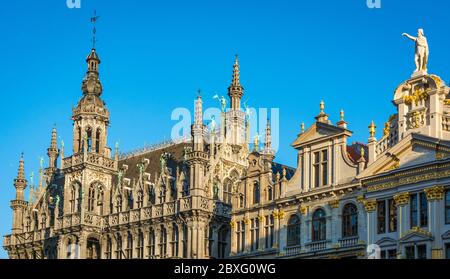 Facade of The Maison du Roi: a gothic Palace of th Grand Place in the historical centre of Brussels, Belgium,Europe - january 1, 2020