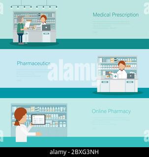 Set of medical banners with pharmacy counter and pharmacist flat design vector illustration Stock Vector