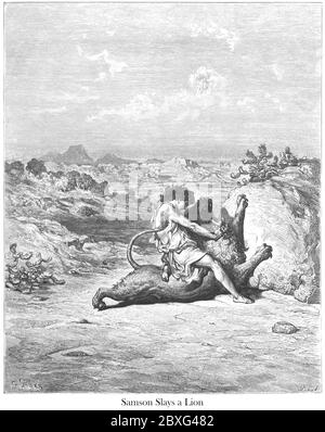 Samson Slaying a Lion Judges 14:5-6 From the book 'Bible Gallery' Illustrated by Gustave Dore with Memoir of Dore and Descriptive Letter-press by Talbot W. Chambers D.D. Published by Cassell & Company Limited in London and simultaneously by Mame in Tours, France in 1866 Stock Photo
