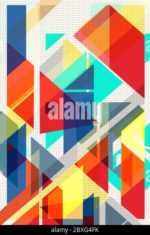 Colorful geometric Cover Swiss Modernism. cubes and triangles. Orange,  blue yellow and red texture. Abstract pattern Shapes Concept backgrounds for a